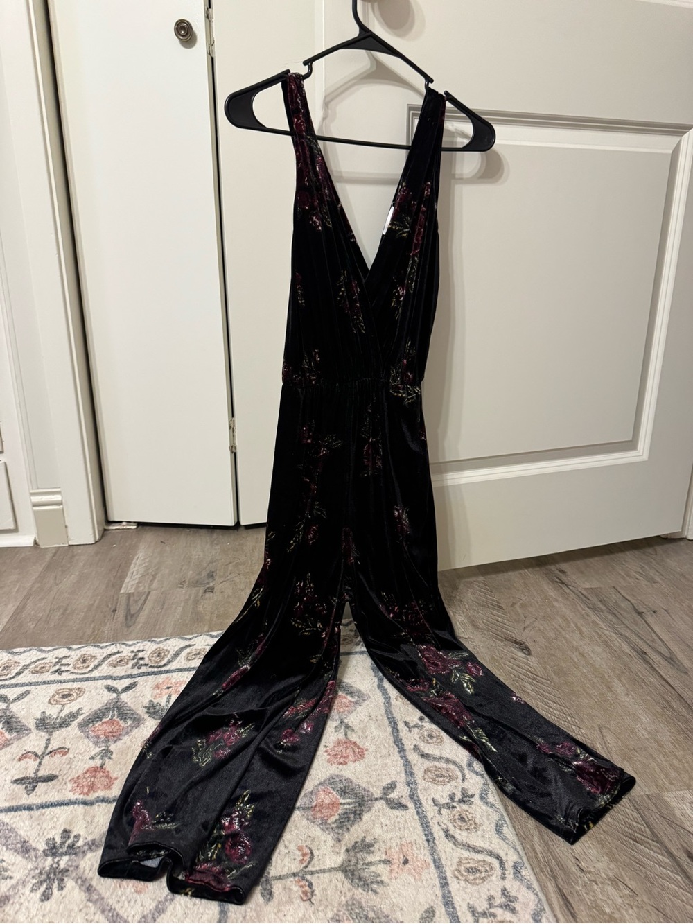 Xhilaration Black Velvet One-Shoulder Floral Jumpsuit with Burgundy Accents